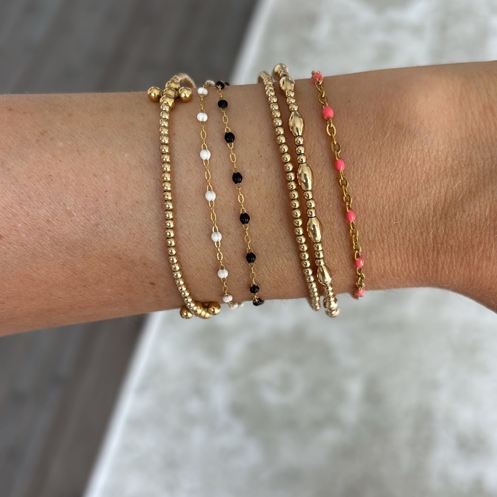 Dainty gold and pink beaded look adjustable bracelet delicate jeweled chain